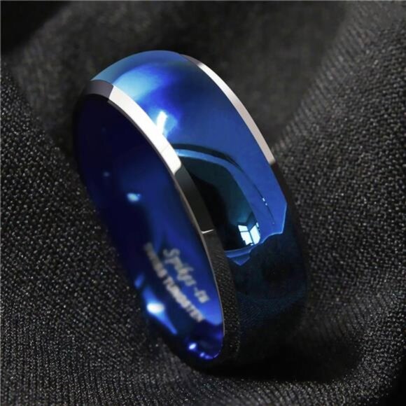 Men's Blue Domed Wedding Band with Beveled Silver Edges - Men's Wedding Rings - Picture 5 of 8